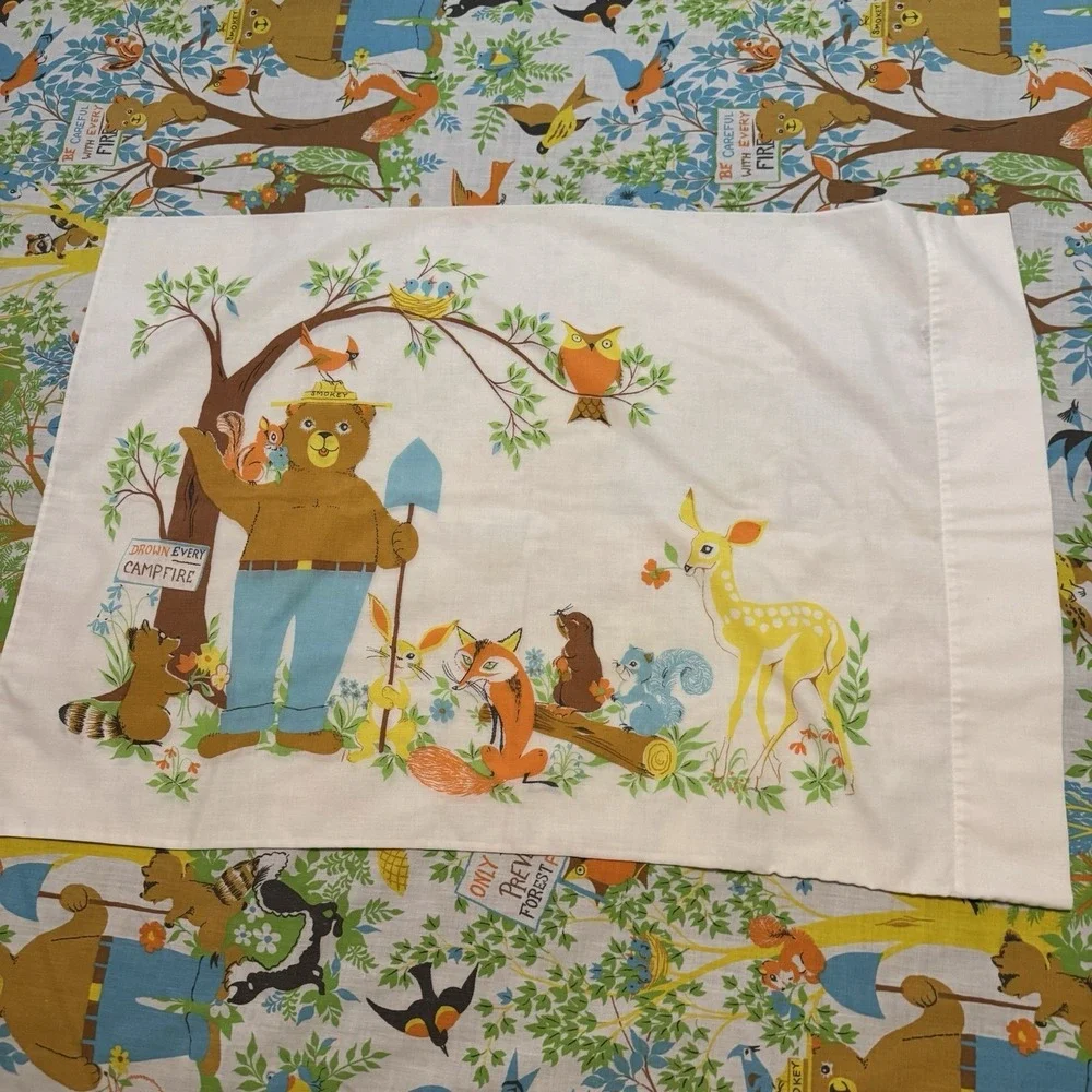 Vintage Fieldcrest Ideal Smokey the Bear Twin Flat Sheet Pillowcase Pillow Case